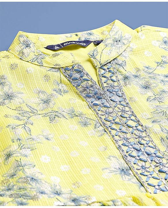 Pine Kids Three Fourth Sleeves Kurti & Salwar Set With Dupatta Floral Print- Yellow