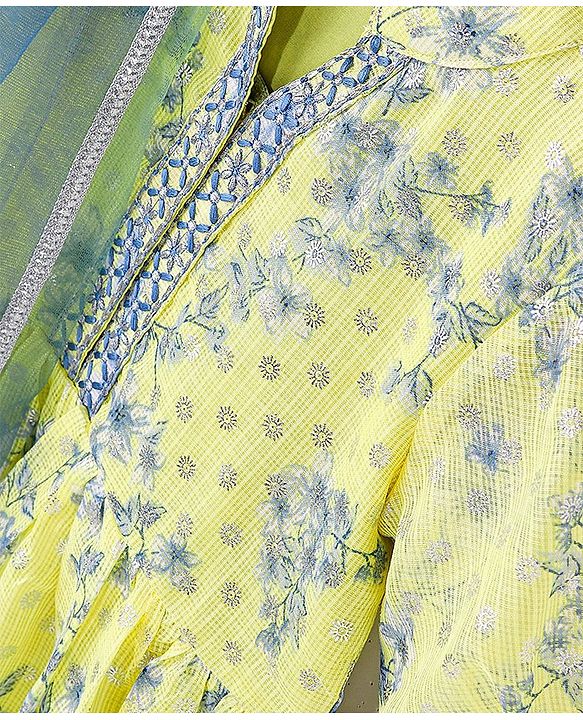 Pine Kids Three Fourth Sleeves Kurti & Salwar Set With Dupatta Floral Print- Yellow