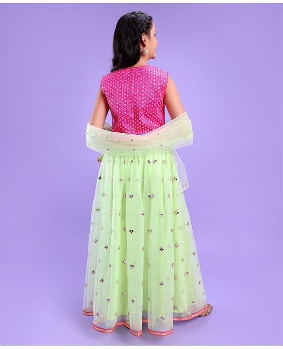 Pine Kids Sleeveless Sequin Embroidered Lehenga Choli Set - Mint