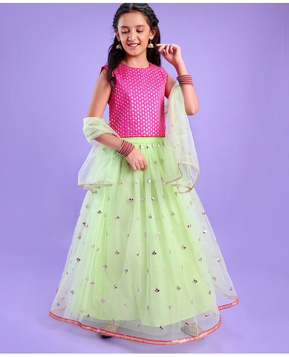Pine Kids Sleeveless Sequin Embroidered Lehenga Choli Set - Mint