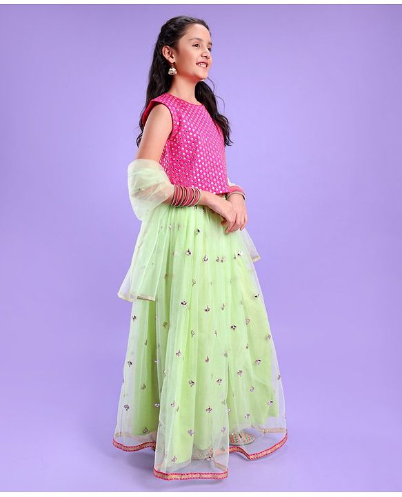 Pine Kids Sleeveless Sequin Embroidered Lehenga Choli Set - Mint