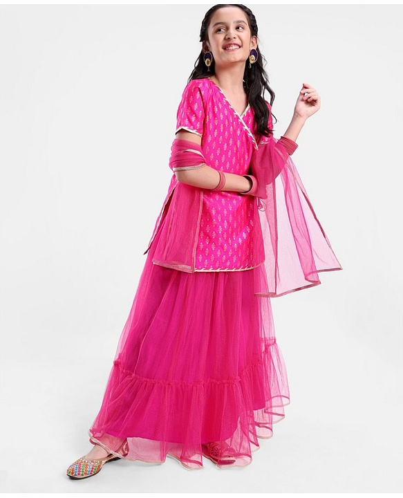 Pine Kids Woven Half Sleeves Zari Design Lehenga & Choli Set with Dupatta - Pink