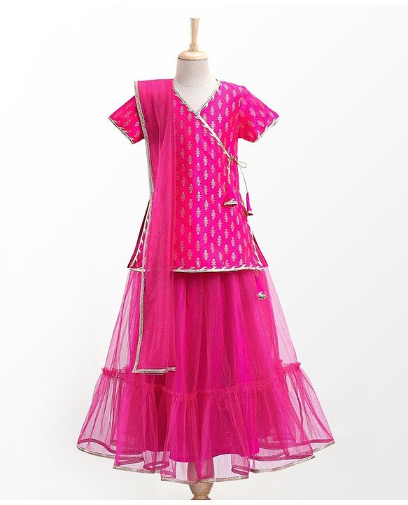 Pine Kids Woven Half Sleeves Zari Design Lehenga & Choli Set with Dupatta - Pink