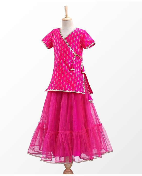 Pine Kids Woven Half Sleeves Zari Design Lehenga & Choli Set with Dupatta - Pink