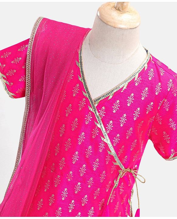 Pine Kids Woven Half Sleeves Zari Design Lehenga & Choli Set with Dupatta - Pink