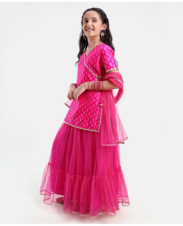 Pine Kids Woven Half Sleeves Zari Design Lehenga & Choli Set with Dupatta - Pink