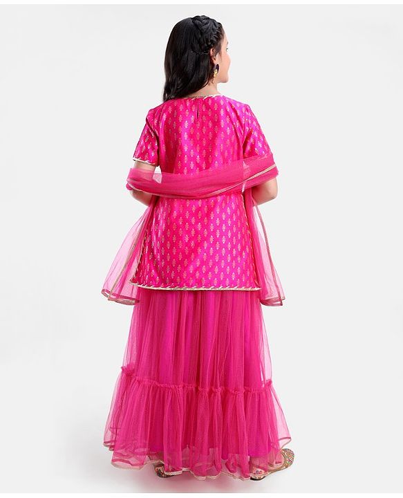 Pine Kids Woven Half Sleeves Zari Design Lehenga & Choli Set with Dupatta - Pink
