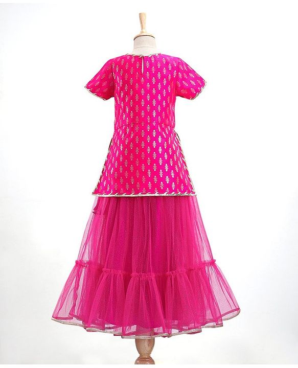 Pine Kids Woven Half Sleeves Zari Design Lehenga & Choli Set with Dupatta - Pink