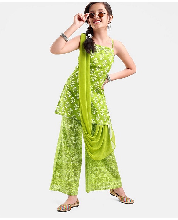 Pine Kids 100% Cotton Sleeveless Kurti & Salwar Set with Dupatta Floral Print - Lime Green