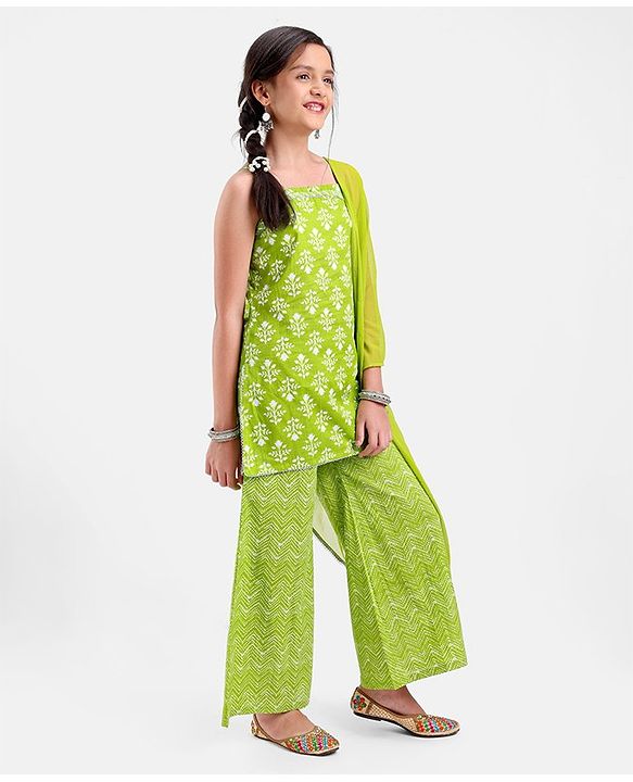 Pine Kids 100% Cotton Sleeveless Kurti & Salwar Set with Dupatta Floral Print - Lime Green