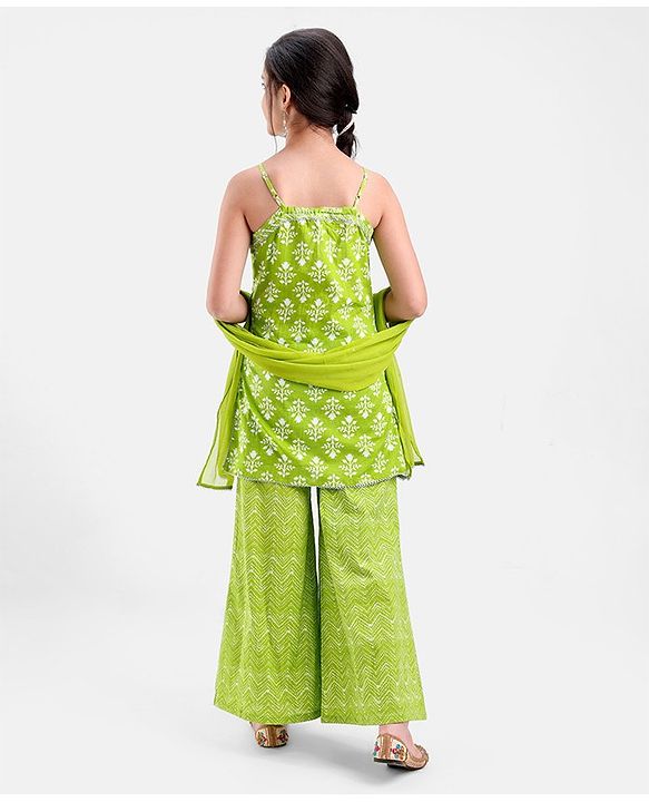 Pine Kids 100% Cotton Sleeveless Kurti & Salwar Set with Dupatta Floral Print - Lime Green