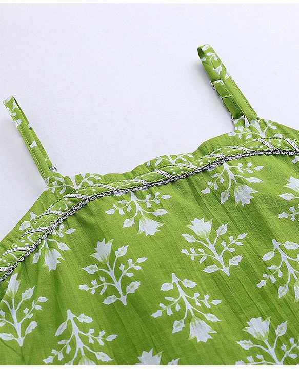 Pine Kids 100% Cotton Sleeveless Kurti & Salwar Set with Dupatta Floral Print - Lime Green