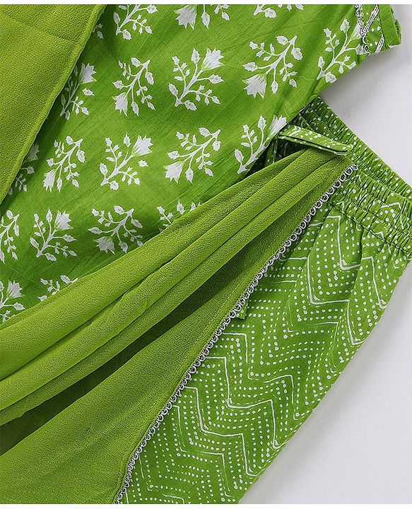 Pine Kids 100% Cotton Sleeveless Kurti & Salwar Set with Dupatta Floral Print - Lime Green