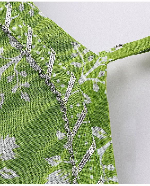 Pine Kids 100% Cotton Sleeveless Kurti & Salwar Set with Dupatta Floral Print - Lime Green