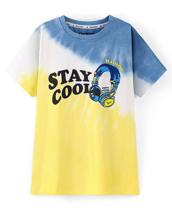 Pine Kids 100% Cotton Knit Half Sleeves Bio Washed T-Shirt Stay Cool Print - Yellow & Blue