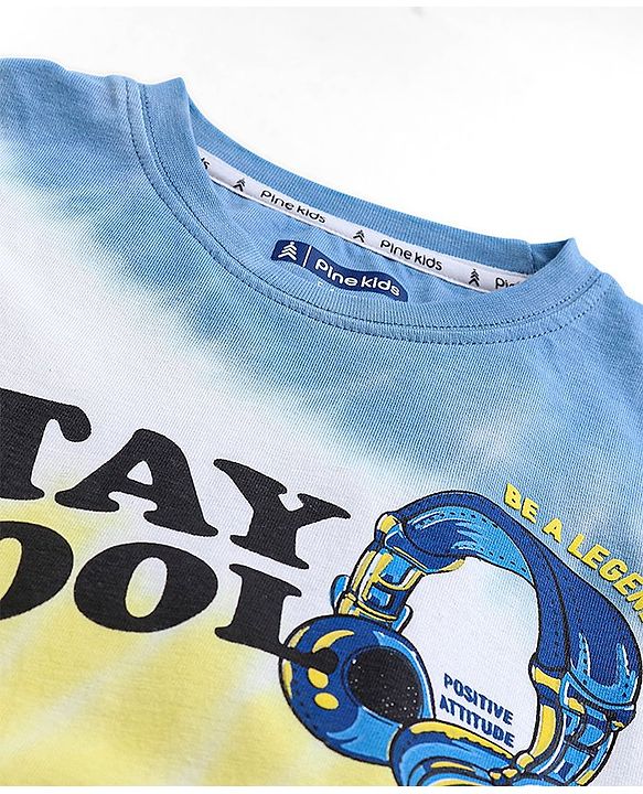 Pine Kids 100% Cotton Knit Half Sleeves Bio Washed T-Shirt Stay Cool Print - Yellow & Blue