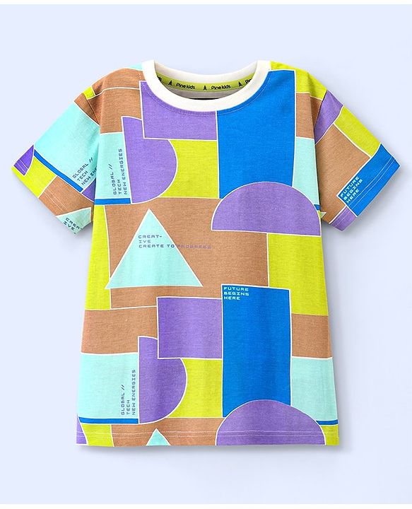 Pine Kids 100% Cotton Half Sleeves Geometrical Printed Biowashed T-Shirt - Multicolour