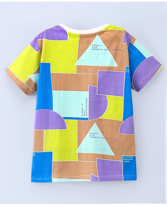 Pine Kids 100% Cotton Half Sleeves Geometrical Printed Biowashed T-Shirt - Multicolour