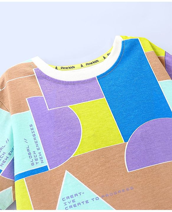 Pine Kids 100% Cotton Half Sleeves Geometrical Printed Biowashed T-Shirt - Multicolour