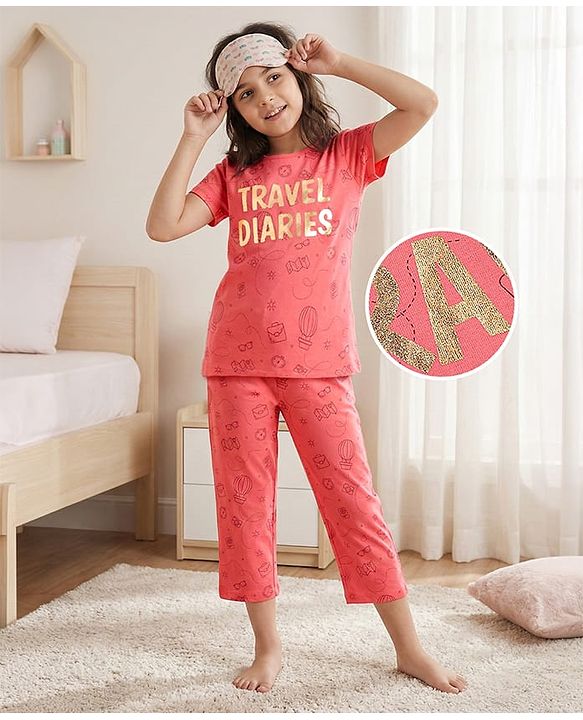 Pine Kids 100% Cotton Bio Washed Half Sleeves Night Suit Travel Print - Sugar Coral