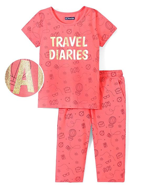 Pine Kids 100% Cotton Bio Washed Half Sleeves Night Suit Travel Print - Sugar Coral