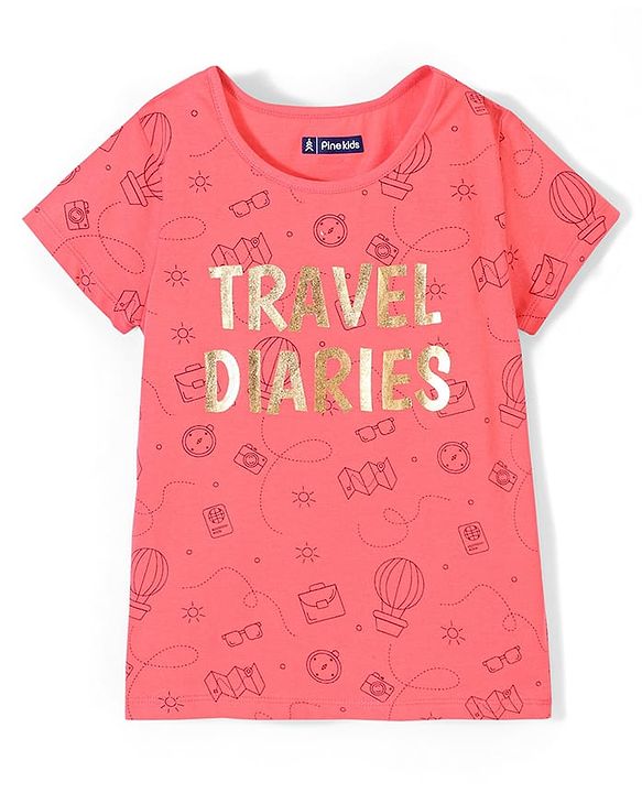 Pine Kids 100% Cotton Bio Washed Half Sleeves Night Suit Travel Print - Sugar Coral