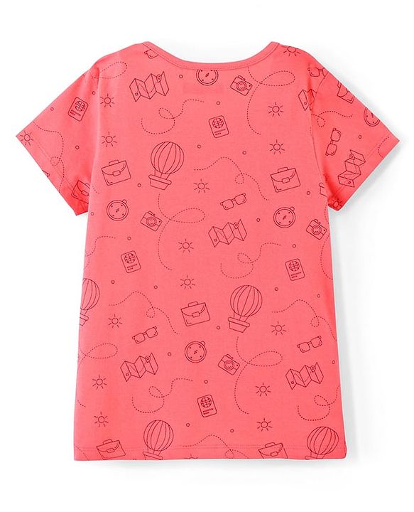 Pine Kids 100% Cotton Bio Washed Half Sleeves Night Suit Travel Print - Sugar Coral
