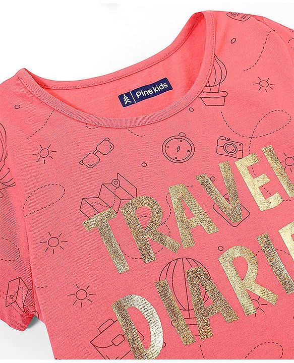 Pine Kids 100% Cotton Bio Washed Half Sleeves Night Suit Travel Print - Sugar Coral