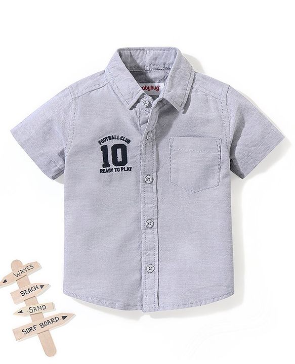 Babyhug 100% Cotton Woven Half Sleeves Solid Oxford Shirt with Badge - Grey