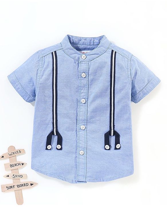 Babyhug 100% Cotton Half Sleeves Solid Oxford Shirt With Front False Suspender -Blue