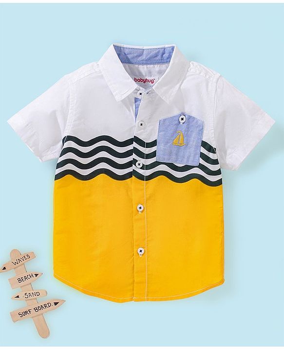 Babyhug 100% Cotton Half Sleeves Color Block Shirt- White & Yellow