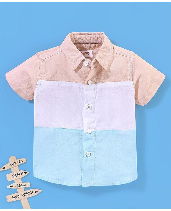 Babyhug 100% Cotton Half Sleeves Cute & Sew Patterned Solid Oxford Shirt - Peach White & Aqua