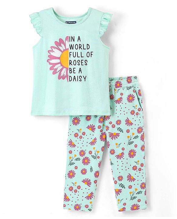 Pine Kids 100% Cotton Knit Cap Sleeve Floral Print Night Suit - Green