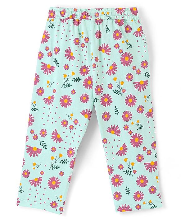 Pine Kids 100% Cotton Knit Cap Sleeve Floral Print Night Suit - Green
