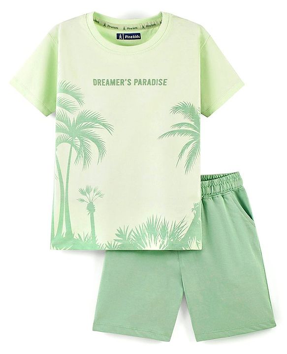 Pine Kids 100% Cotton Knit Half Sleeves Nightsuit Trees Print - Green