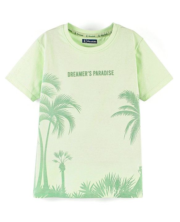 Pine Kids 100% Cotton Knit Half Sleeves Nightsuit Trees Print - Green