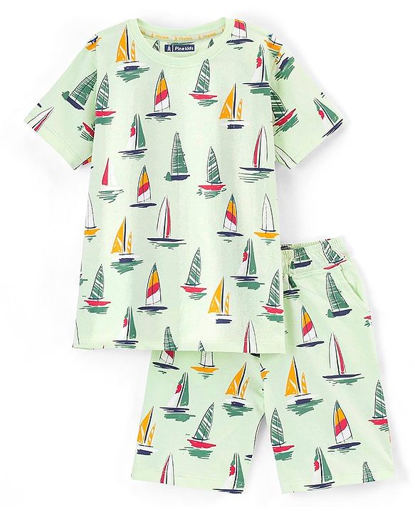 Pine Kids Half Sleeves T-Shirt With Knee Length Shorts Boat Print - Lime Cream