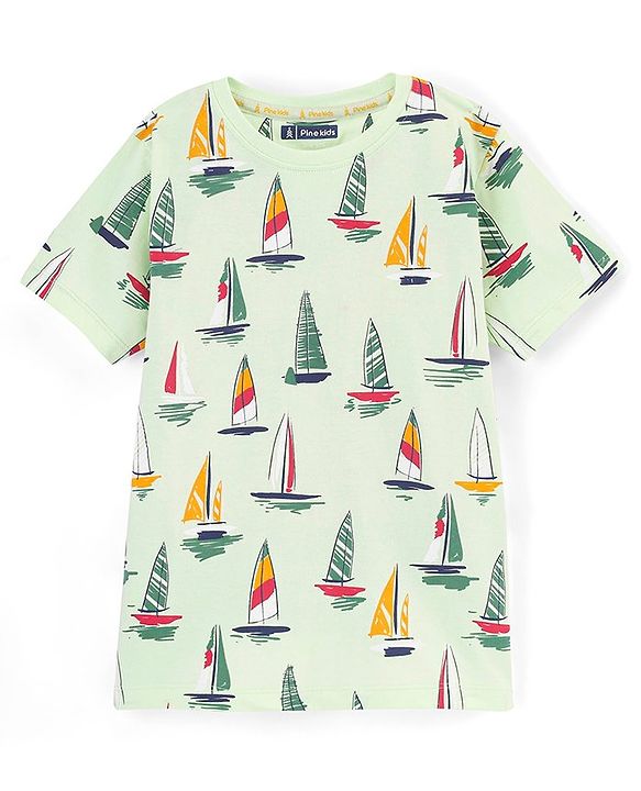Pine Kids Half Sleeves T-Shirt With Knee Length Shorts Boat Print - Lime Cream