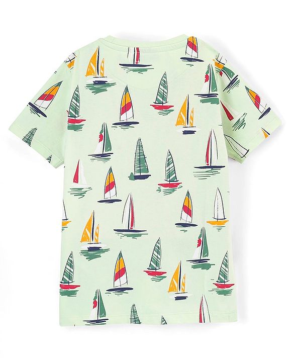 Pine Kids Half Sleeves T-Shirt With Knee Length Shorts Boat Print - Lime Cream
