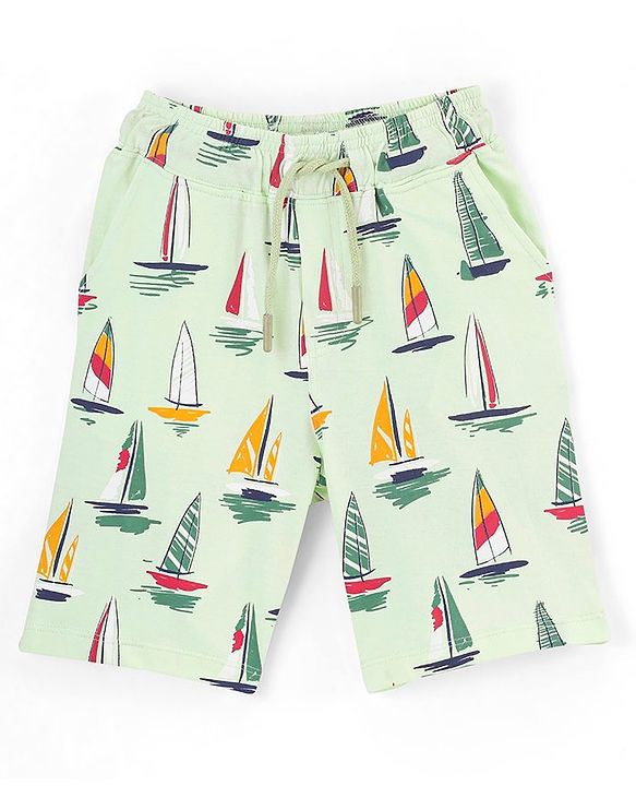 Pine Kids Half Sleeves T-Shirt With Knee Length Shorts Boat Print - Lime Cream