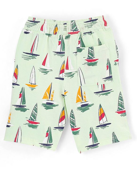 Pine Kids Half Sleeves T-Shirt With Knee Length Shorts Boat Print - Lime Cream
