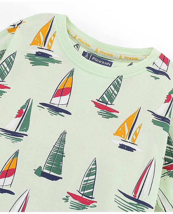 Pine Kids Half Sleeves T-Shirt With Knee Length Shorts Boat Print - Lime Cream
