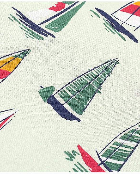 Pine Kids Half Sleeves T-Shirt With Knee Length Shorts Boat Print - Lime Cream