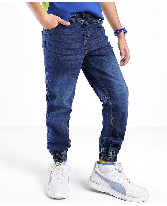 Pine Kids Cotton Elastane Full Length Elasticated Denim Jogger with Draw Cord - Blue