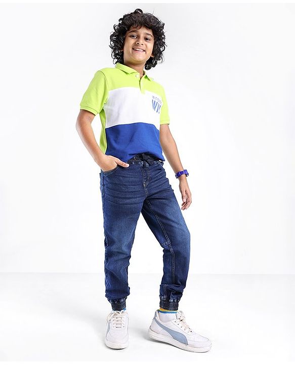Pine Kids Cotton Elastane Full Length Elasticated Denim Jogger with Draw Cord - Blue