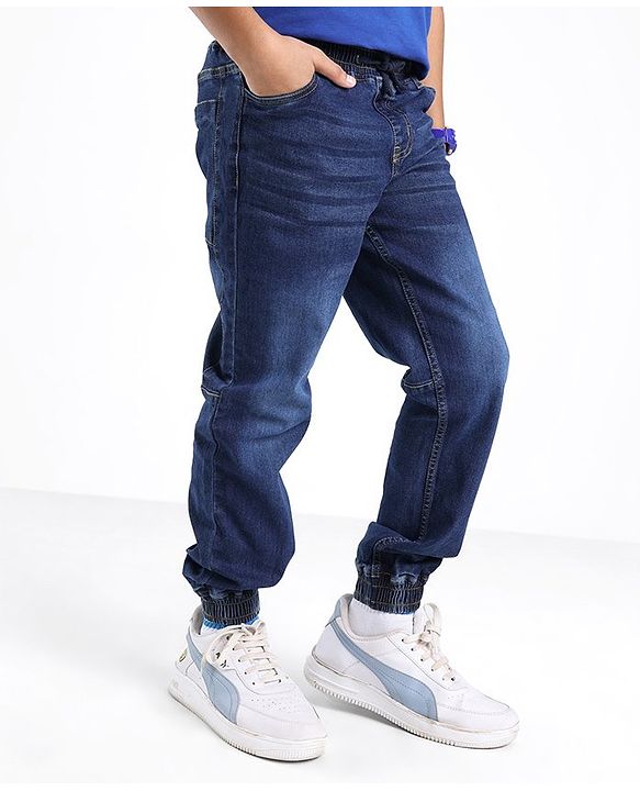 Pine Kids Cotton Elastane Full Length Elasticated Denim Jogger with Draw Cord - Blue