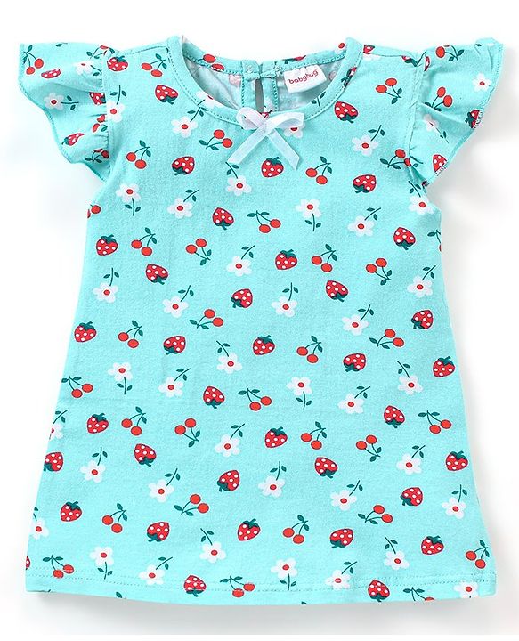 Babyhug Cotton Knit Short Sleeves Nighty Strawberry & Cherry Print - Blue