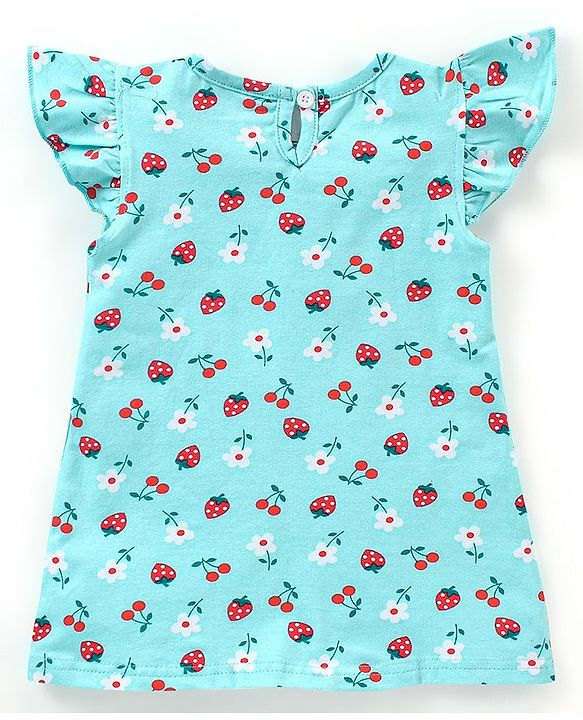 Babyhug Cotton Knit Short Sleeves Nighty Strawberry & Cherry Print - Blue