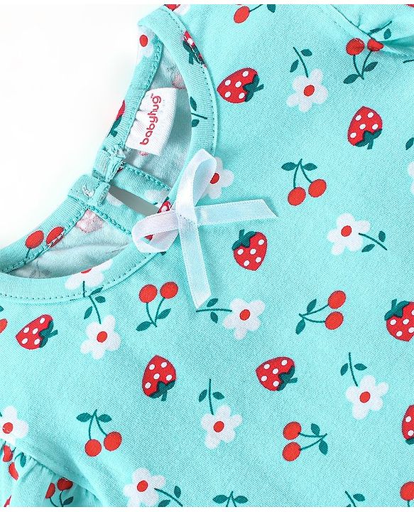 Babyhug Cotton Knit Short Sleeves Nighty Strawberry & Cherry Print - Blue