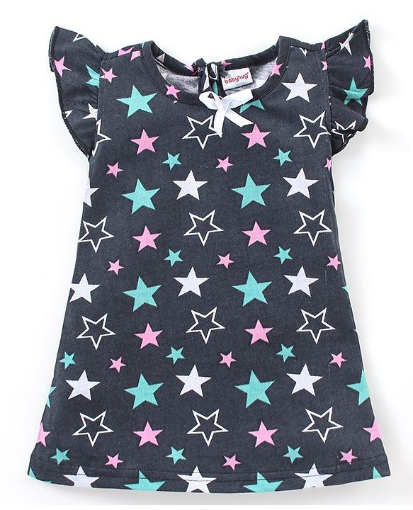 Babyhug Cotton Knit Short Sleeves Nighty Star Print - Navy Blue